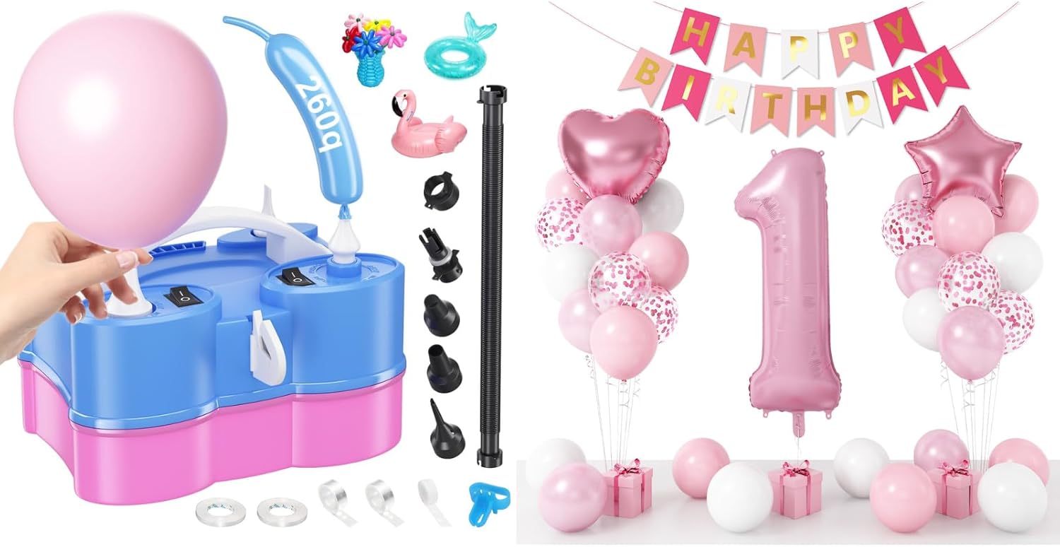 Electric Balloon Pump and 1st Birthday Decoration for Girls, Pink White Confetti 1st Birthday Balloon