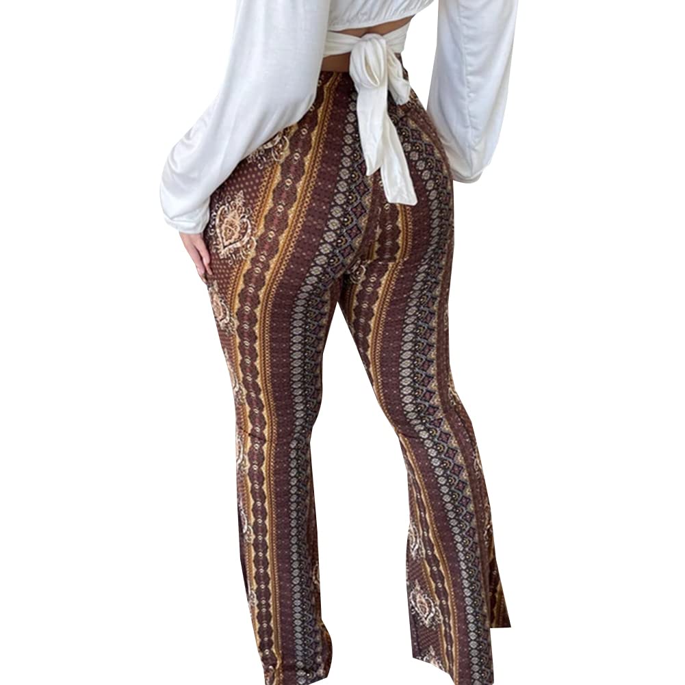 YUZIBAO Women's Flare Yoga Leggings High Waisted Boho Palazzo Wide Leg Pants Bell Bottoms(Brown,M)