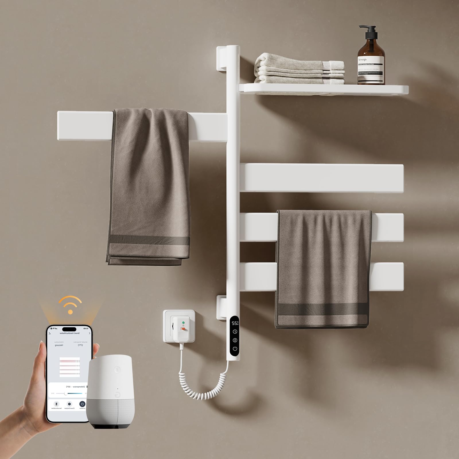 EMKE Handtuchheizkörper Elektrisch 76 x 45 cm, WiFi Smart Thermostat elektrischer Badheizkörper, 180° Drehung Handtuchwärmer Elektrisch für Alexa und Google Home und APP Weiß 120W