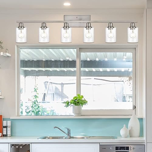 Miniatura 7 de VINLUZ Iluminación de pared de níquel cepillado de 6 luces con pantalla de vidrio semillado, lámpara de baño contemporánea sobre espejo, lámpara de