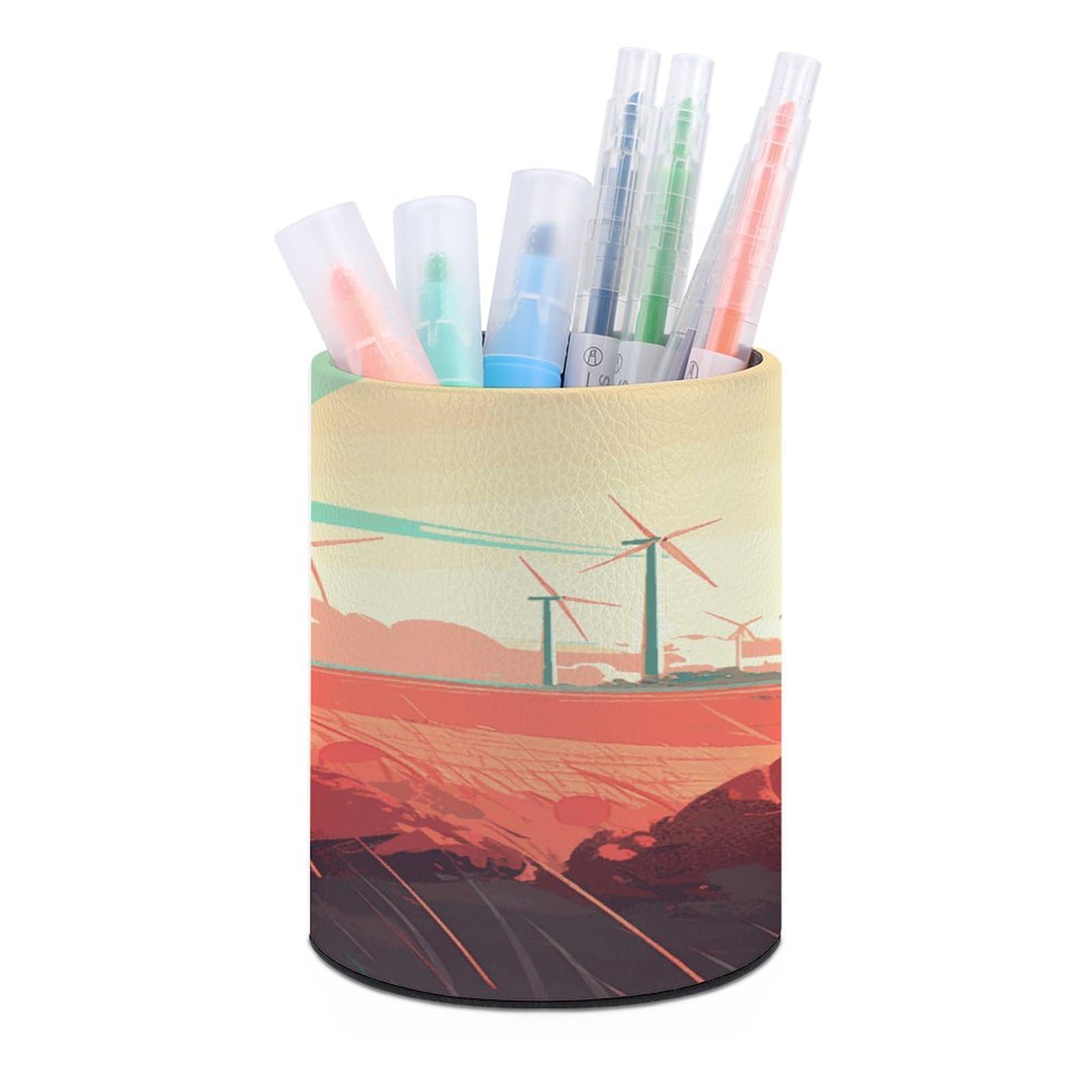 FekiLoot Round Windmill in Field Pen Holder for Desk PU Leather Waterproof Pencil Cup Stand Minimalist Makeup Brush Storage Organizer Desktop Stationery Container Accessorires
