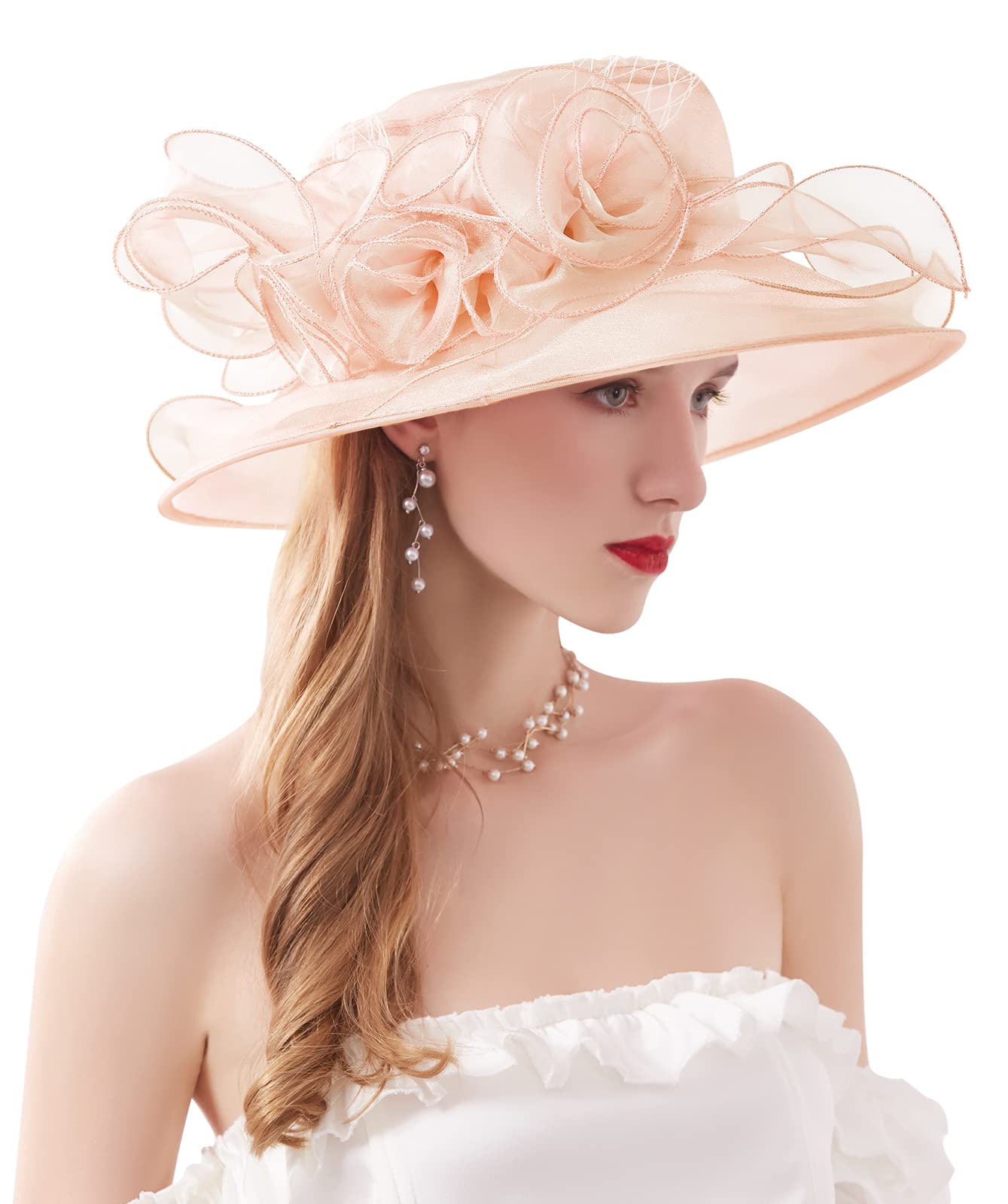 ELLYDOOR Women Derby Fascinator Hat Organza Church Wedding Hat Wide Brim Cocktail Tea Party Hat, 12light Pink, One Size