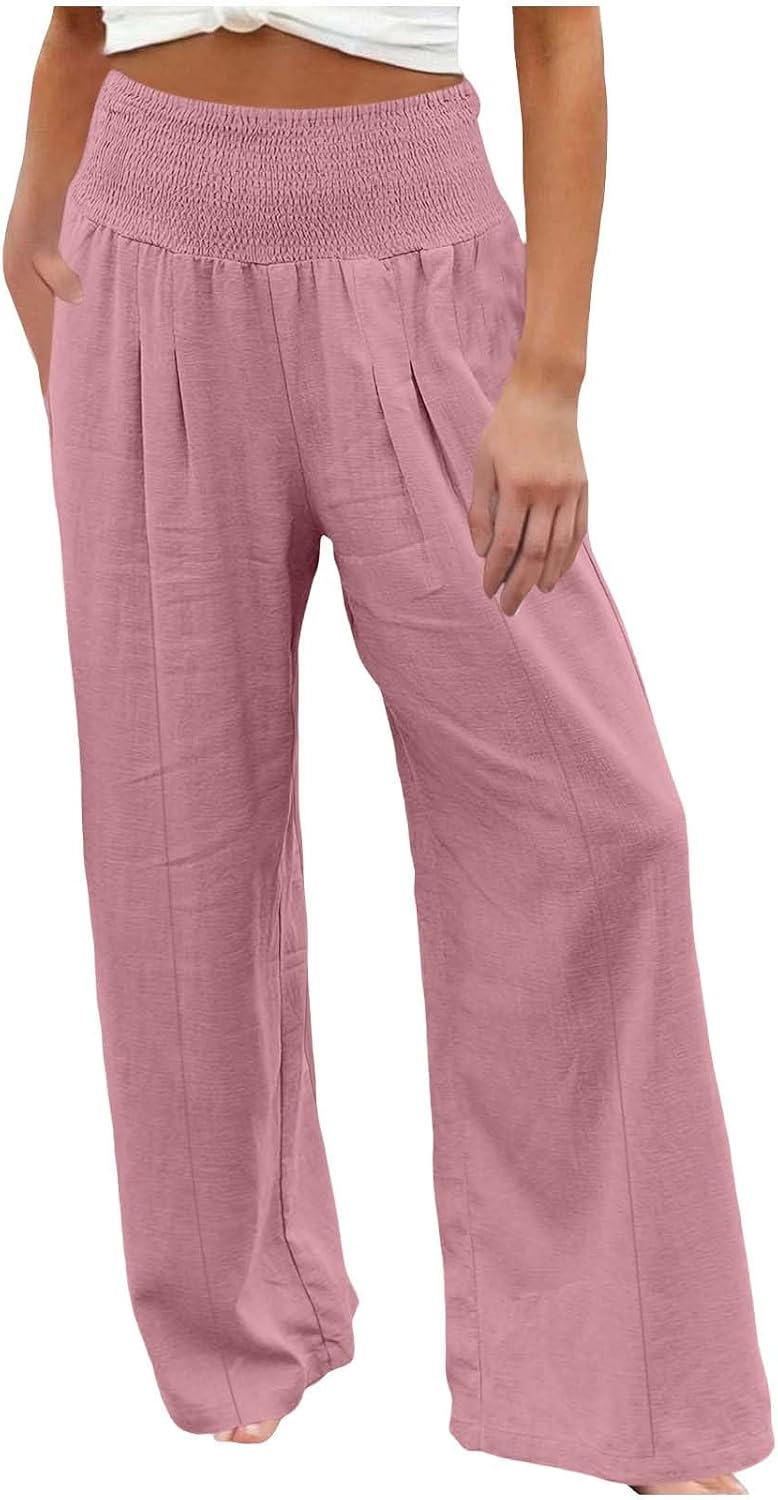Womens Pants High Waisted Casual Palazzo Pants Elastic Waist Soft Comfy Pant Straight Leg Solid Color Boho Pant