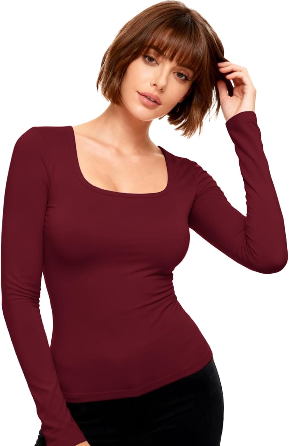 Women’s Square Neck Long Sleeve Tops Slim Fit Basic Tee Soft Stretchy Yoga Shirt Going Out Bodysuit Style - Image 2