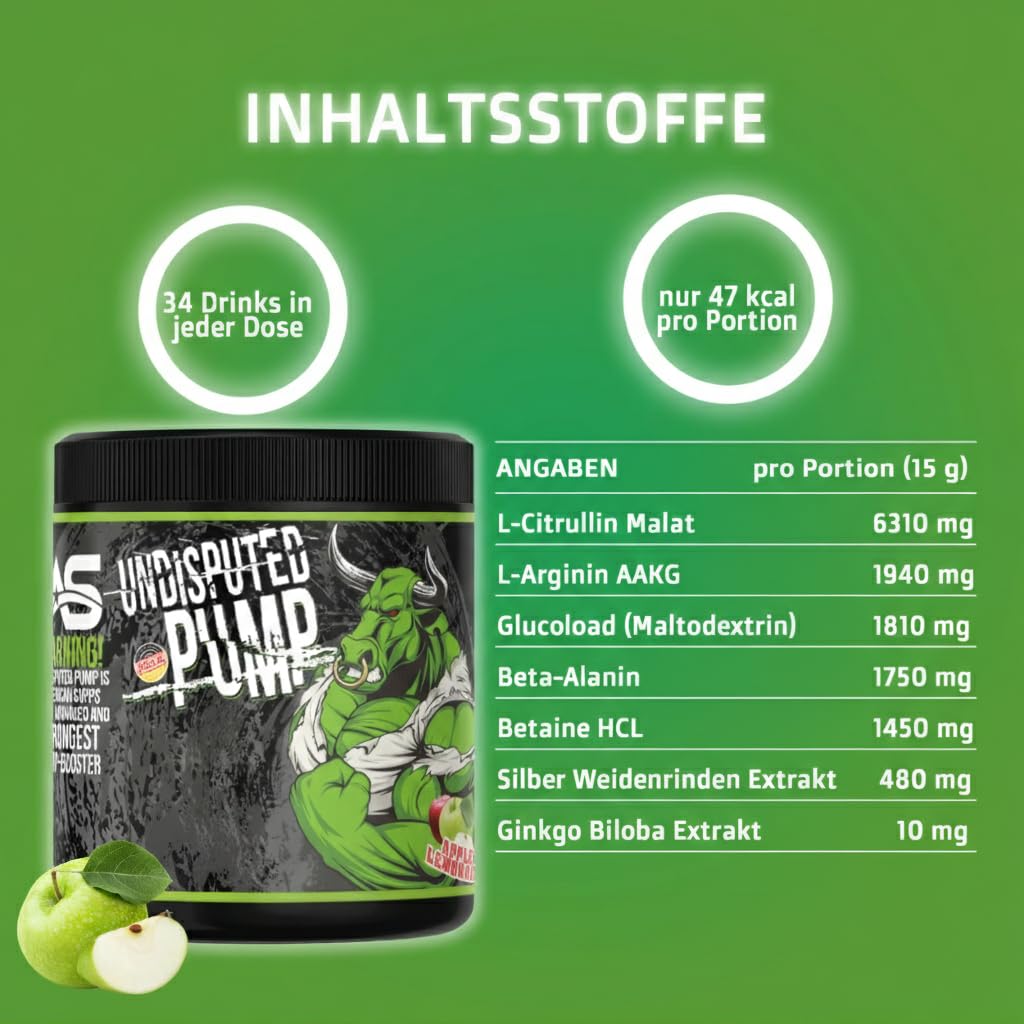 PREMIUM Pump Booster [510g] - AAKG + L Citrullin Malat + Beta Alanin + Ginkgo Biloba (Apple - Apfel)