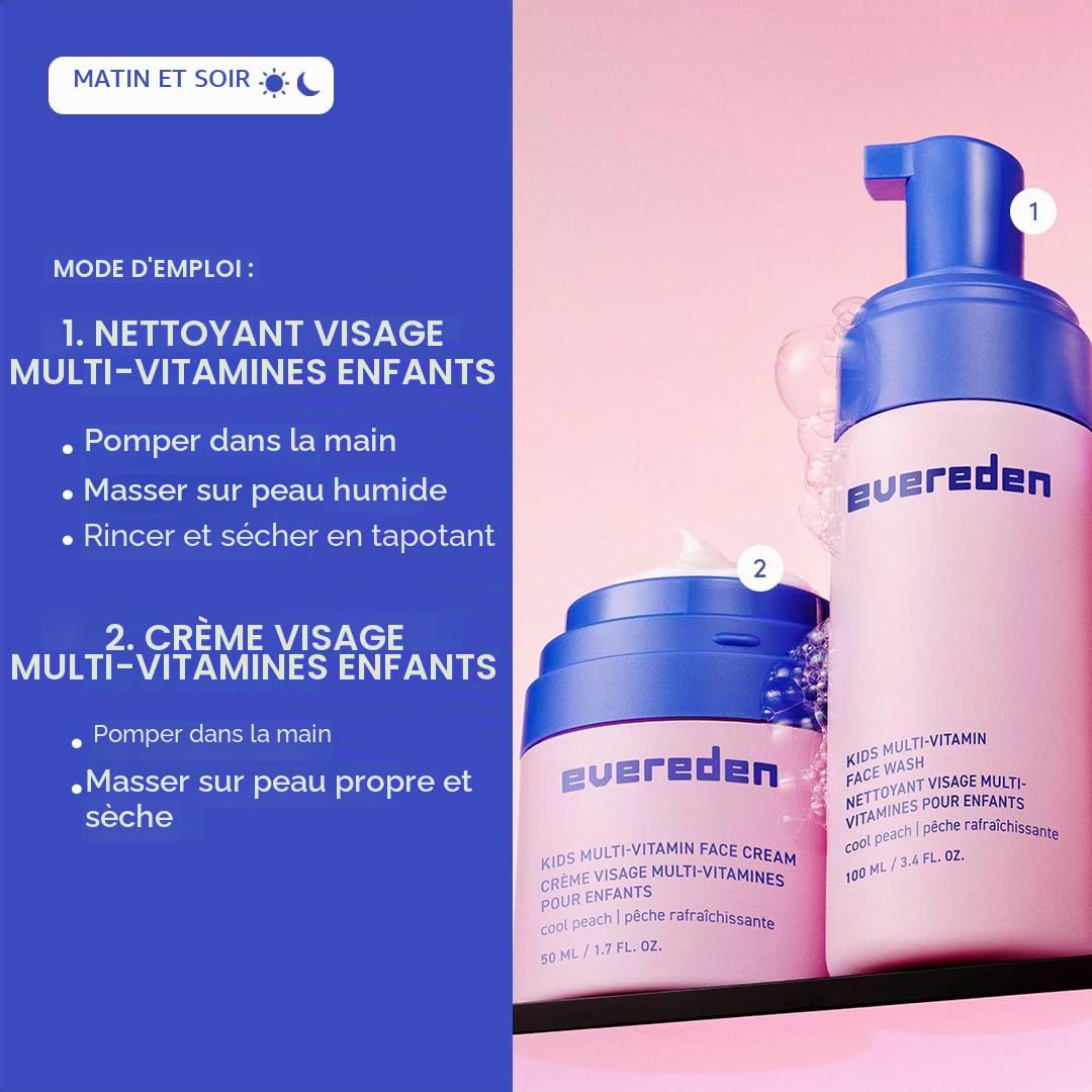 Evereden Kids Happy Face Duo (Cool Peach) – Ensemble nettoyant visage multi-vitamines pour enfants et crème pour le visage pour enfants – Soin de la peau propre et végétalien pour enfants de 3 ans et