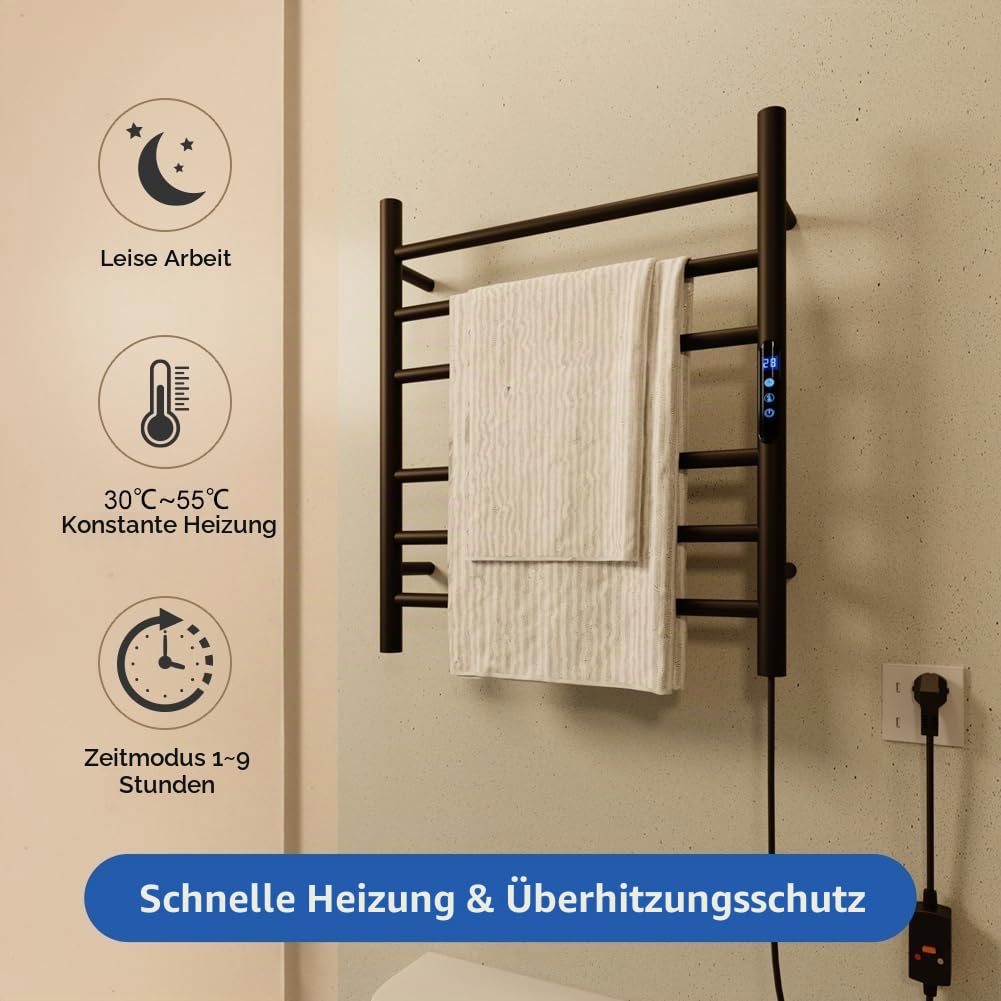 KWW Ferngesteuerter Handtuchwärmer für Badezimmer, 1–9-Stunden-Timer und Einstellbarer Temperatur, LED-Anzeige, Wandmontierter Edelstahl-Wäscheständer mit Oberer Ablage (Matt-schwarz, 5 Bars)