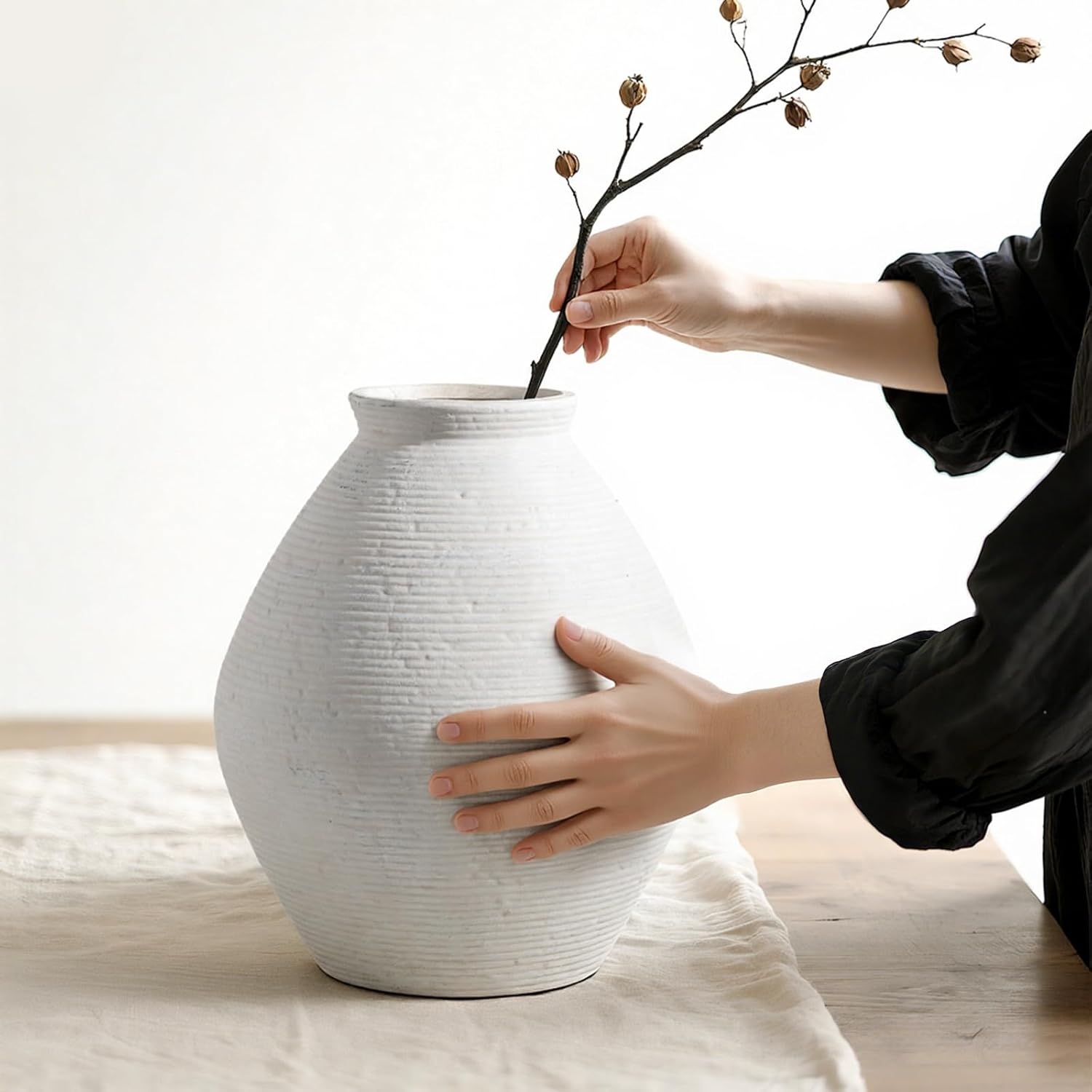 12” Ceramic Distressed Vase Handcrafted Rustic Neutral Decorative Floor Vases Home Decor Accent for Living Room, Dining Table, Entryway or Shelf Styling - Image 7