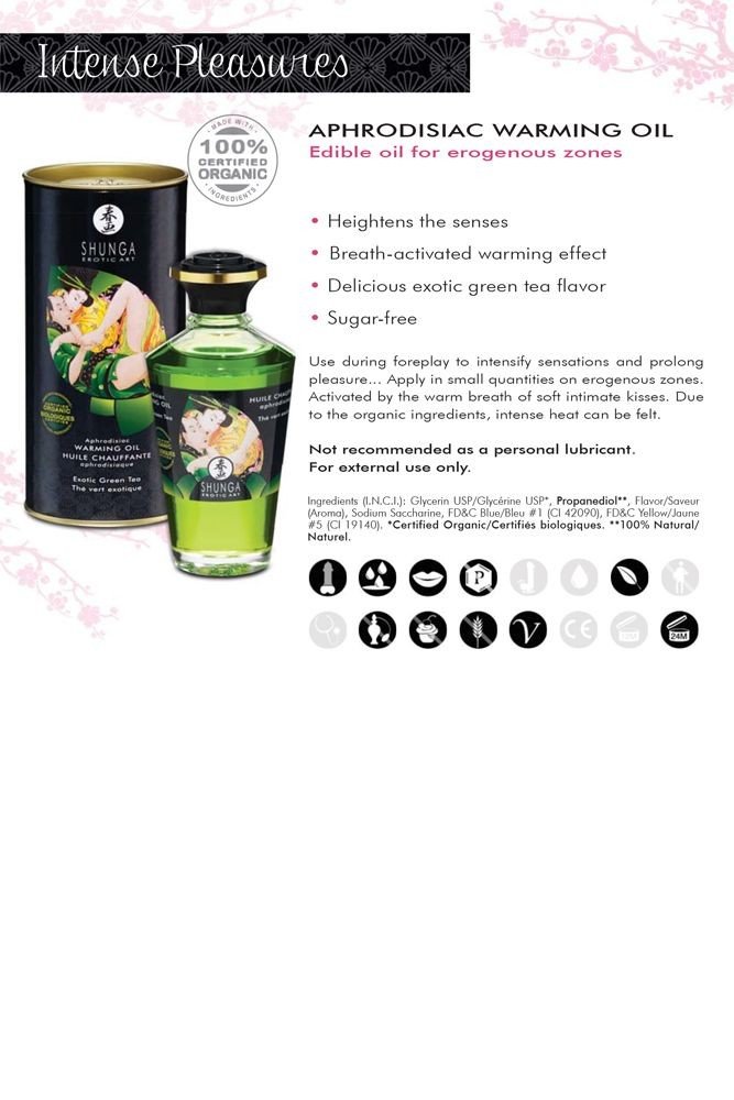 Shunga Huile de Massage Thé Vert Chauffante Comestible Bio, Vert, 100 ml, 1 Unité