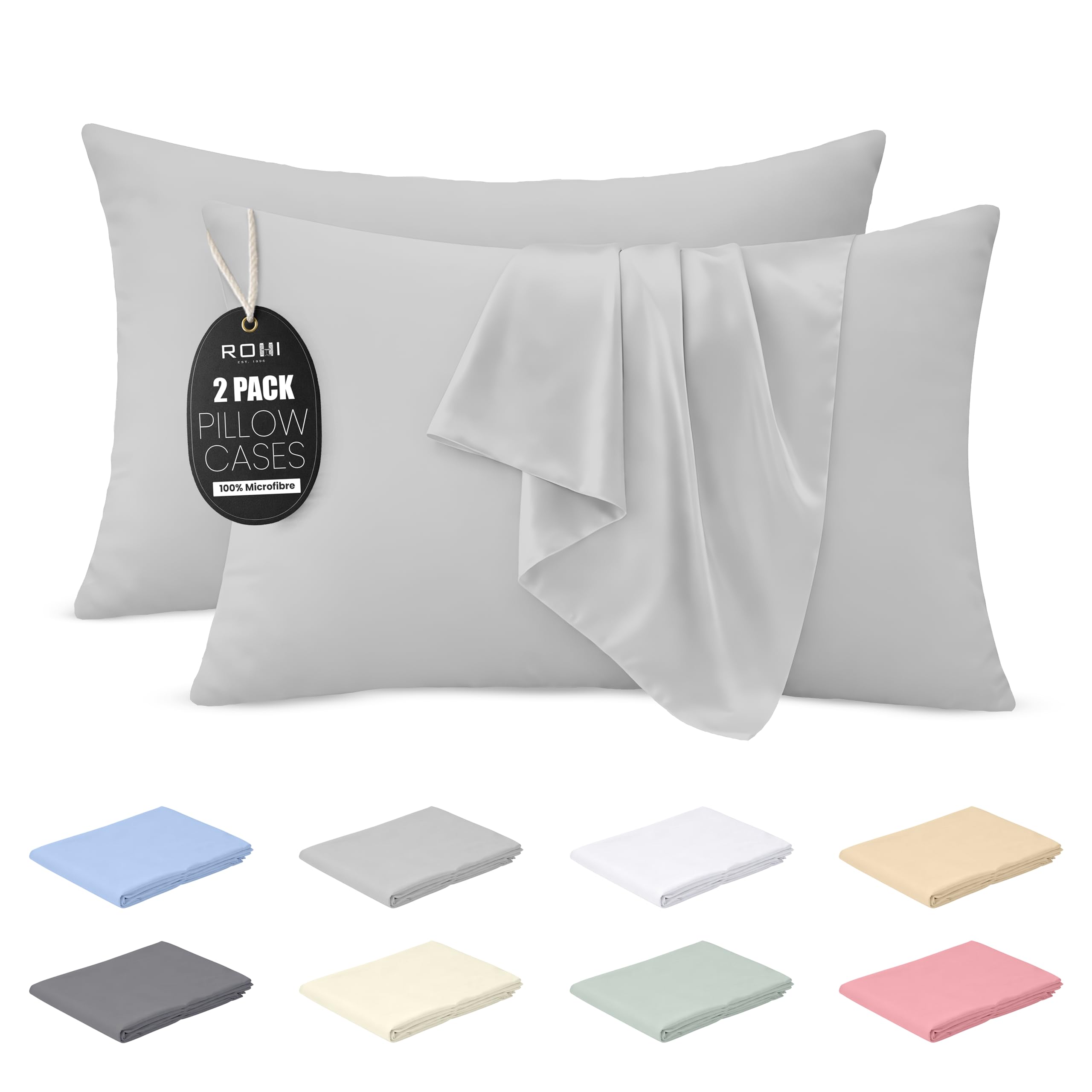 Rohi Silver Microfibre Pillowcases 2 Pack – Soft & Smooth Envelope Closure Pillow Covers – Fade Resistant & Breathable Pillows Cases – Standard Size (50X75 Cm)