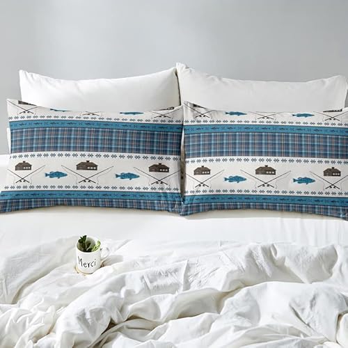 Jejeloiu Fish Comforter Cover Set Fish Hook Fishing Theme Bedding Set For Boys Girls Children Sea Animal Buffalo Check Blue Bedding Duvet Cover Set Room Decor Queen Size With 2 Pillow Case #TOP3
