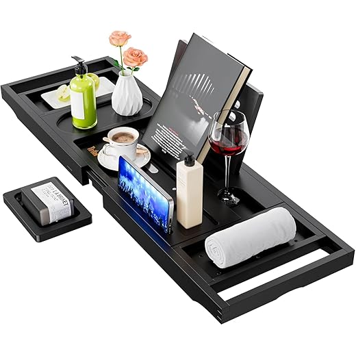 Yirilan Bamboo Bath Tray, Foldable Premium bath caddy, Adjustable bath board with Book Rest, Extendable Wooden Tray Bath shelf – Fits Most Bath Sizes