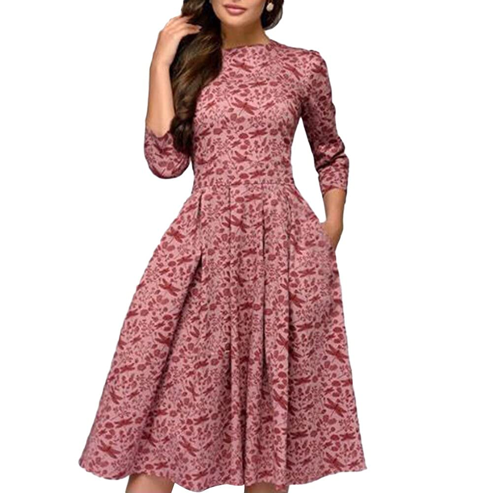 H/SPlus Size Dresses Autumn Women Flower Feather Print 3/4 Sleeve Round Neck A-Line Dress