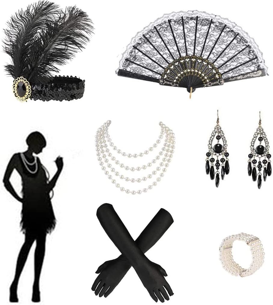 Goodern 9 Piece 1920s Flapper Gatsby Costume Set - Headband, Pearl Necklace, Gloves, Fan, Hair Accessories