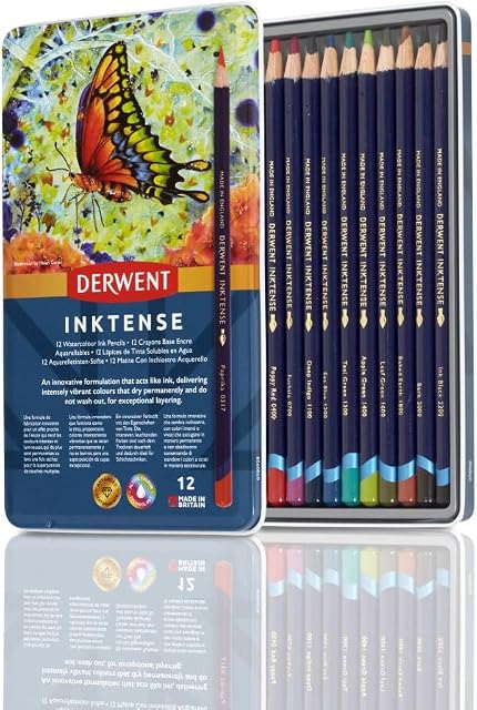 Derwent Inktense Pencils Tin, Set of 12, Great for Holiday Gifts, 4mm Round Core, Firm Texture, Watersoluble, Ideal for Watercolour, Drawing, colouring and Painting on Paper and Fabric (0700928)