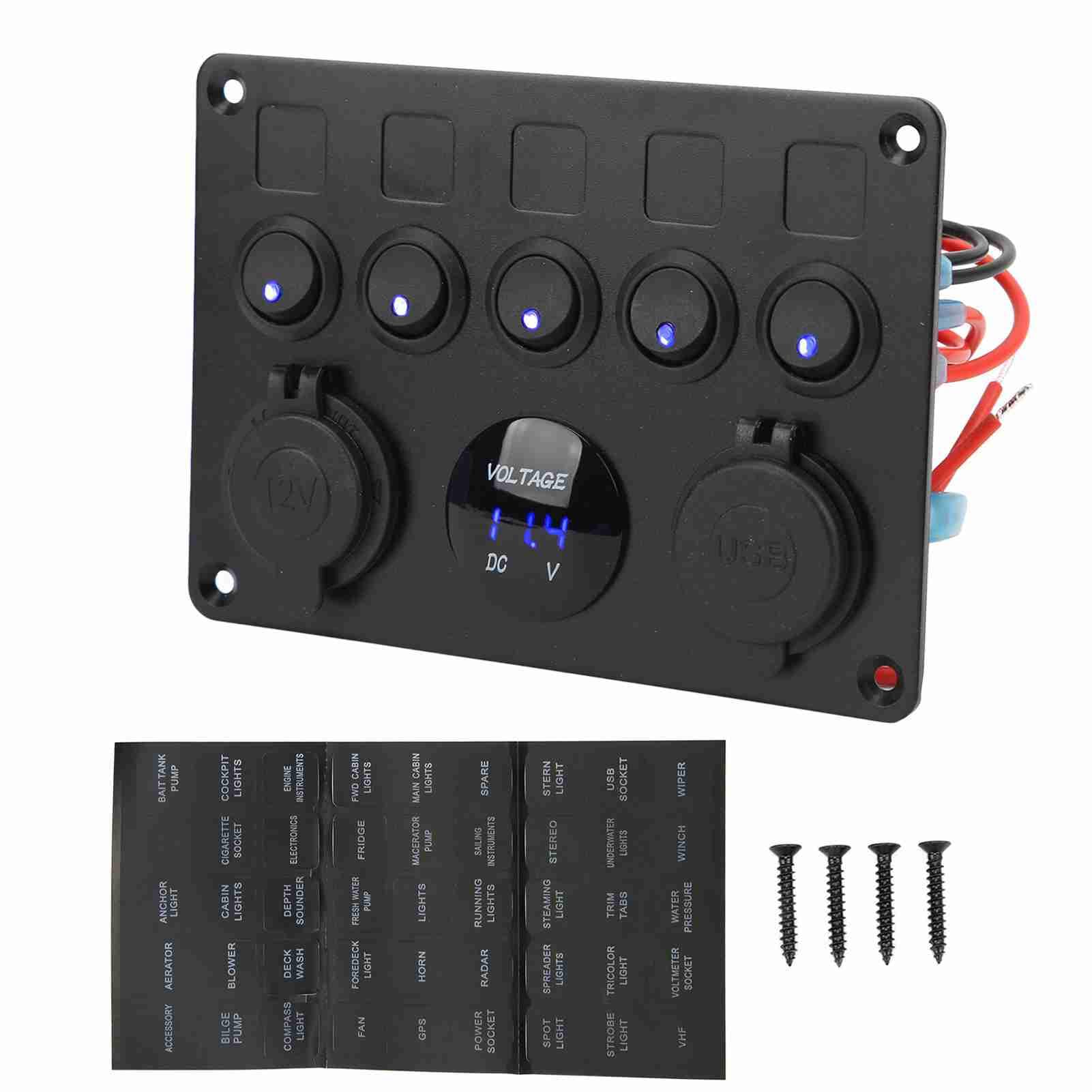 Panel przełączników 5-krotnych lvifloae 12-24 V, panel przełączników LED łodzi morskiej z woltomierzem cyfrowym, podwójna zapalniczka USB do przyczepy RV Truck (Zielony)