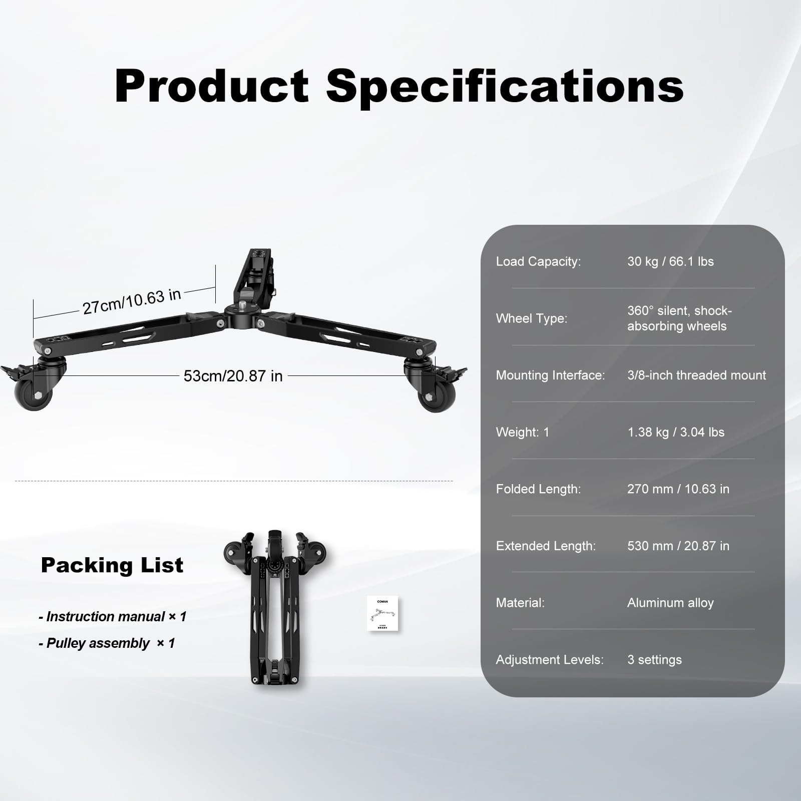 COMAN Base Mobile per Monopiede Dotata Girevoli a 360° una 3/8 di Pollice | Base Mobile per Monopiede Compatibile con Monopiedi per Diverse Fotocamere e Videocamere, Supporta un Carico Massimo di 30kg