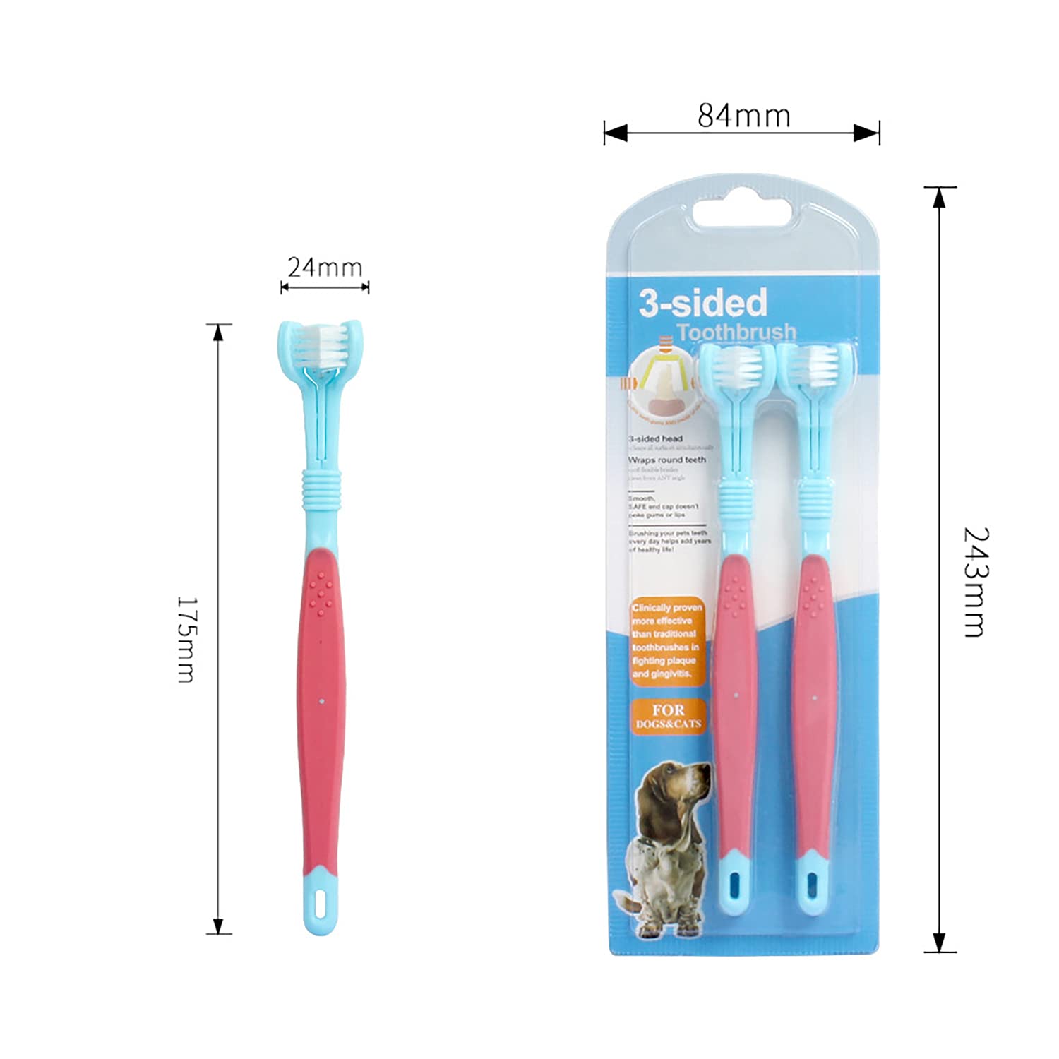 Youstylo Dogs Toothbrush Three Sided Pets Clean Mouth Dental Care Cleaning Tools Bad Breathe Tartar Teeth Clean Pet Teeth Toothbrush Puppy Cat Toothbrush (Set of 2, Blue-Red) 1