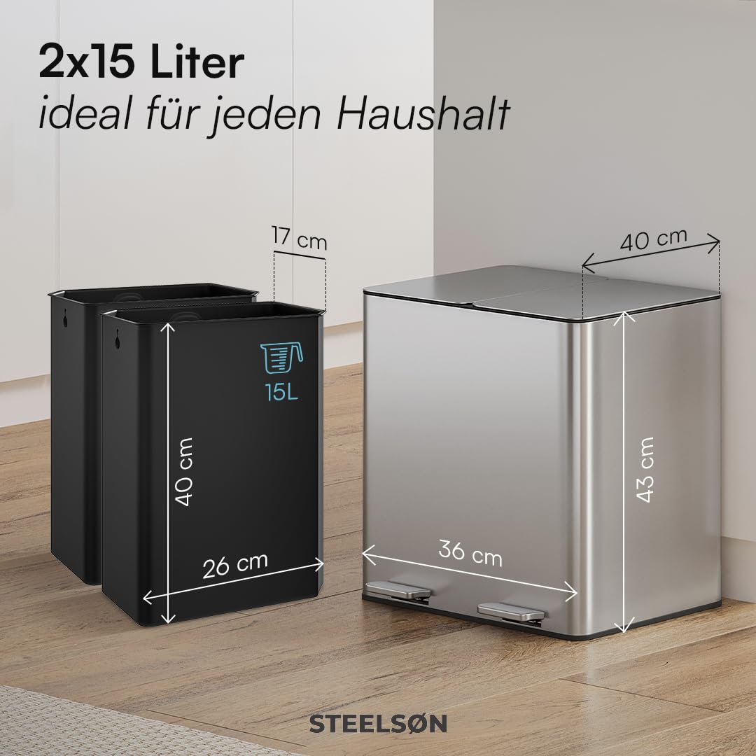 STEELSØN Gloas Mülleimer 2 Fächer – Mülltrennsystem Küche 2x15 L aus Edelstahl Silber – Tretmülleimer mit Soft-Close-Funktion & Geruchsfilter – Abfalleimer mit Inneneimer für Recycling & Restmüll