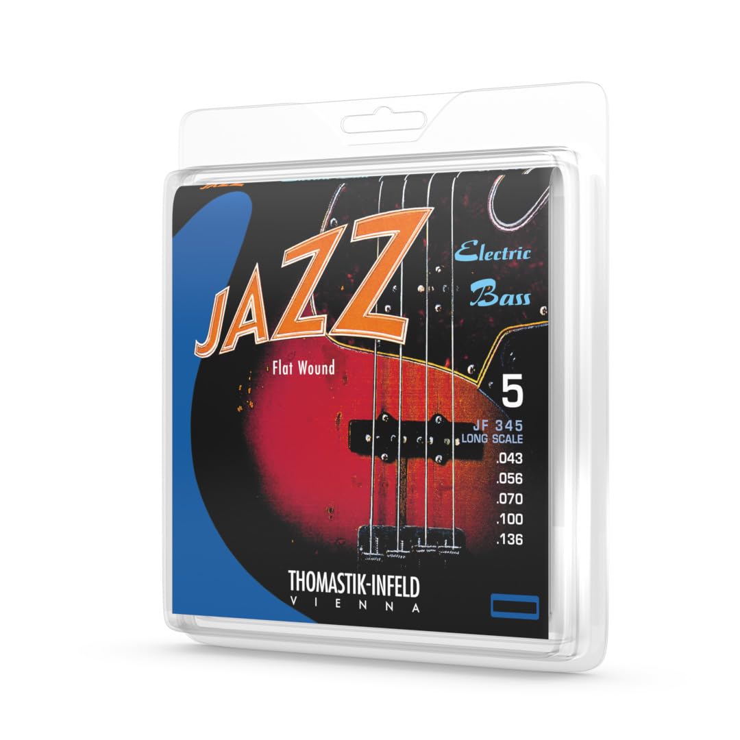 JF345 Bass Guitar Strings: Jazz Flat Wounds 5-String Long Scale Set; Pure Nickel Flats G, D, A, E, B Set