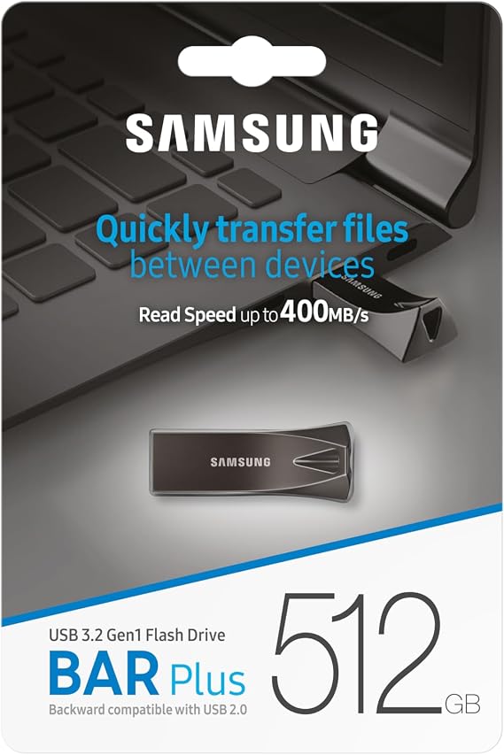 Samsung BAR Plus USB Flash Drive Type-A 512 GB 400 MB/s Read 110 MB/s Write Durable USB 3.2 Memory Stick with Key Ring Titanium Grey MUF-512BE4/APC