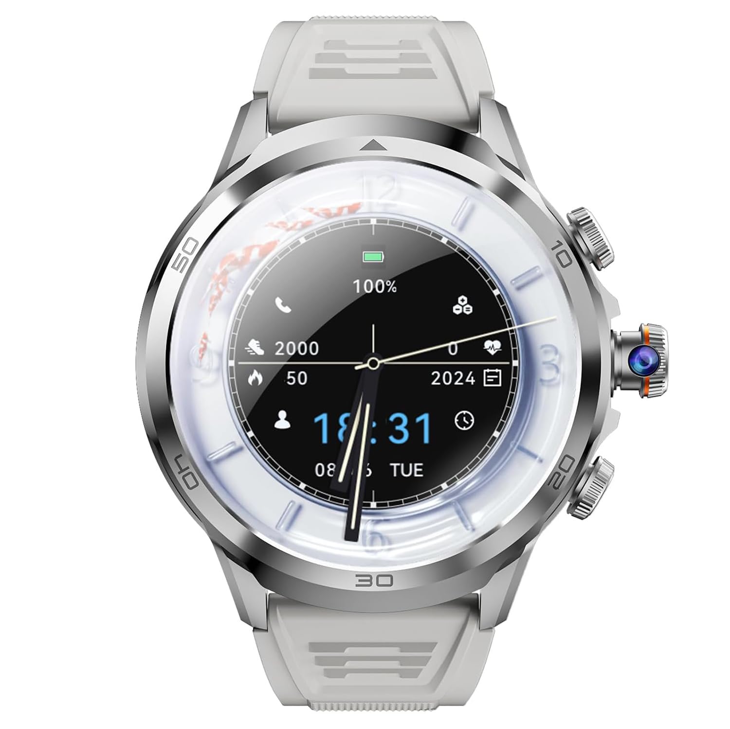 Męski smartwatch z funkcją połączeń, ekran sferyczny HD 5.0 cm, obrotowa kamera, odpinany pasek dla zaawansowanych technologicznie mężczyzn