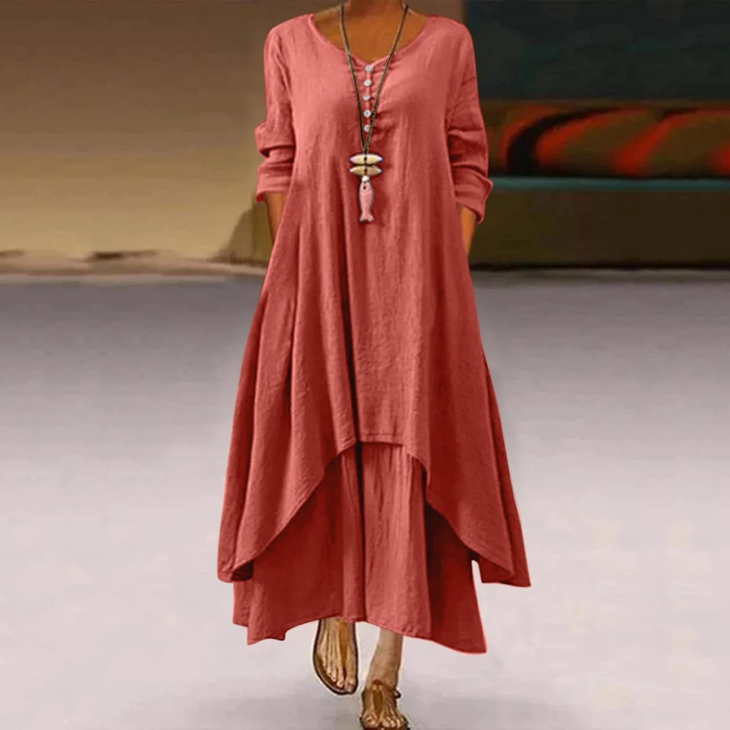 BOTCAM Kaftan voor dames, katoen, linnen, effen, boho, grote maten, met