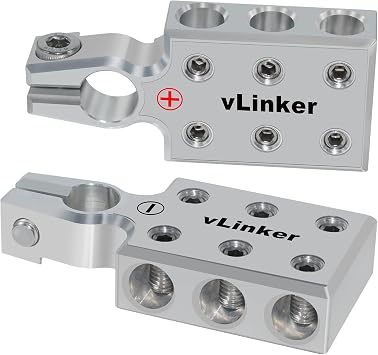 VGATE vLinker 6x1/0 Gauge AWG Lead-Acid Battery Terminals Clamp, 6061 Aluminum Battery Terminal Positive + Negative - Set, for SAE/DIN/EN Tapered Top Post, 6-Way Battery Connectors