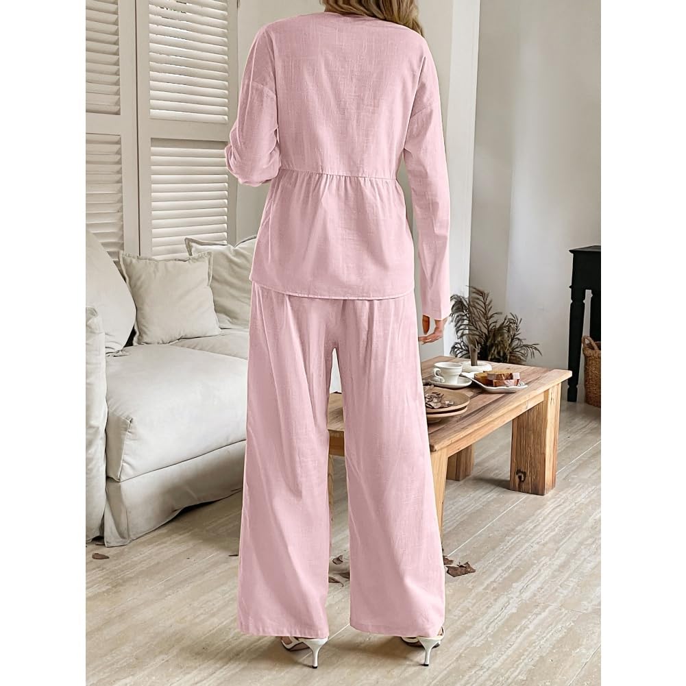 Generisch Set da donna casual in due pezzi autunno felpa con scollo a V, pantaloni larghi a gamba larga, tuta con bottoni, abbigliamento invernale