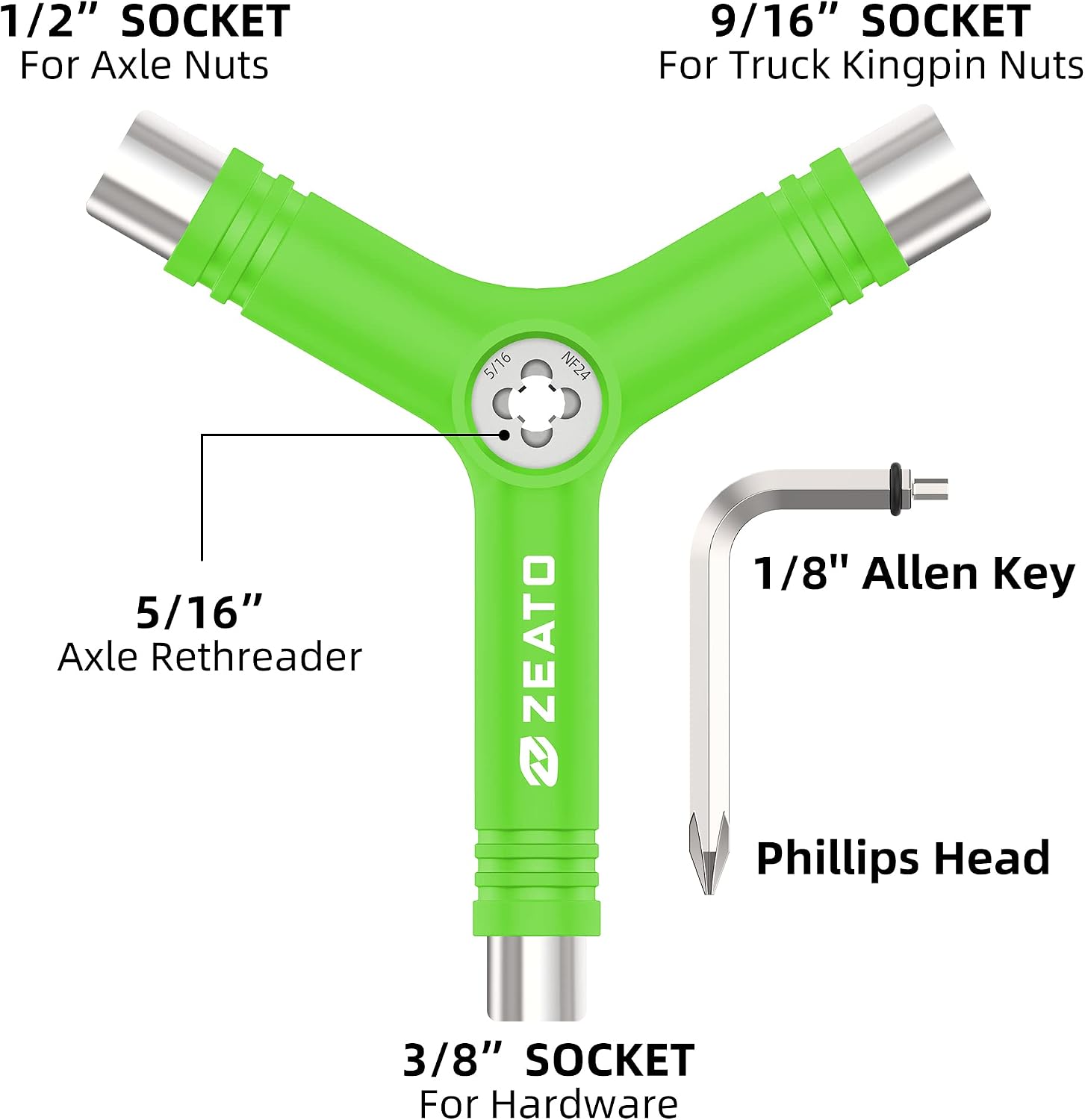 Zeato All-in-One Skate Tools Multi-Function Portable Skateboard T Tool Accessory with T-Type Allen Key and L-Type Phillips Head Wrench Screwdriver