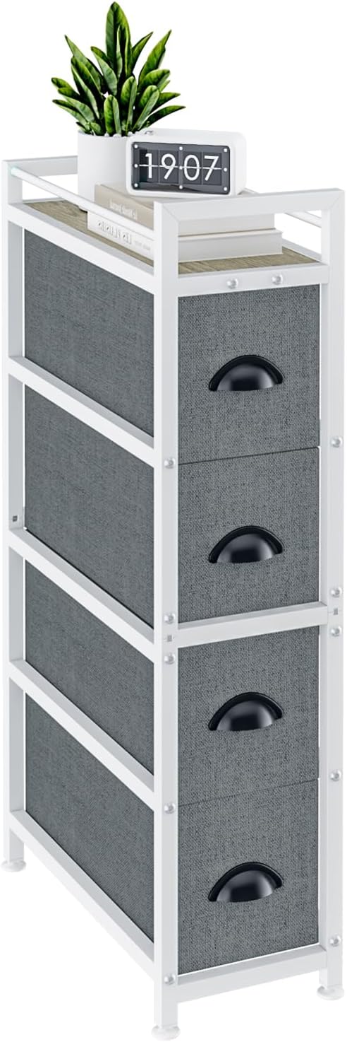 Storage Drawer Units,Solerconm Bedroom Dresser with 4 Storage Drawers, Small Dresser Drawers, Fabric Dresser with Strong Steel Frame, Closet Dresser with Wooden Roof (43.5 x 20 x 77 cm, 4-Grey Drawer)