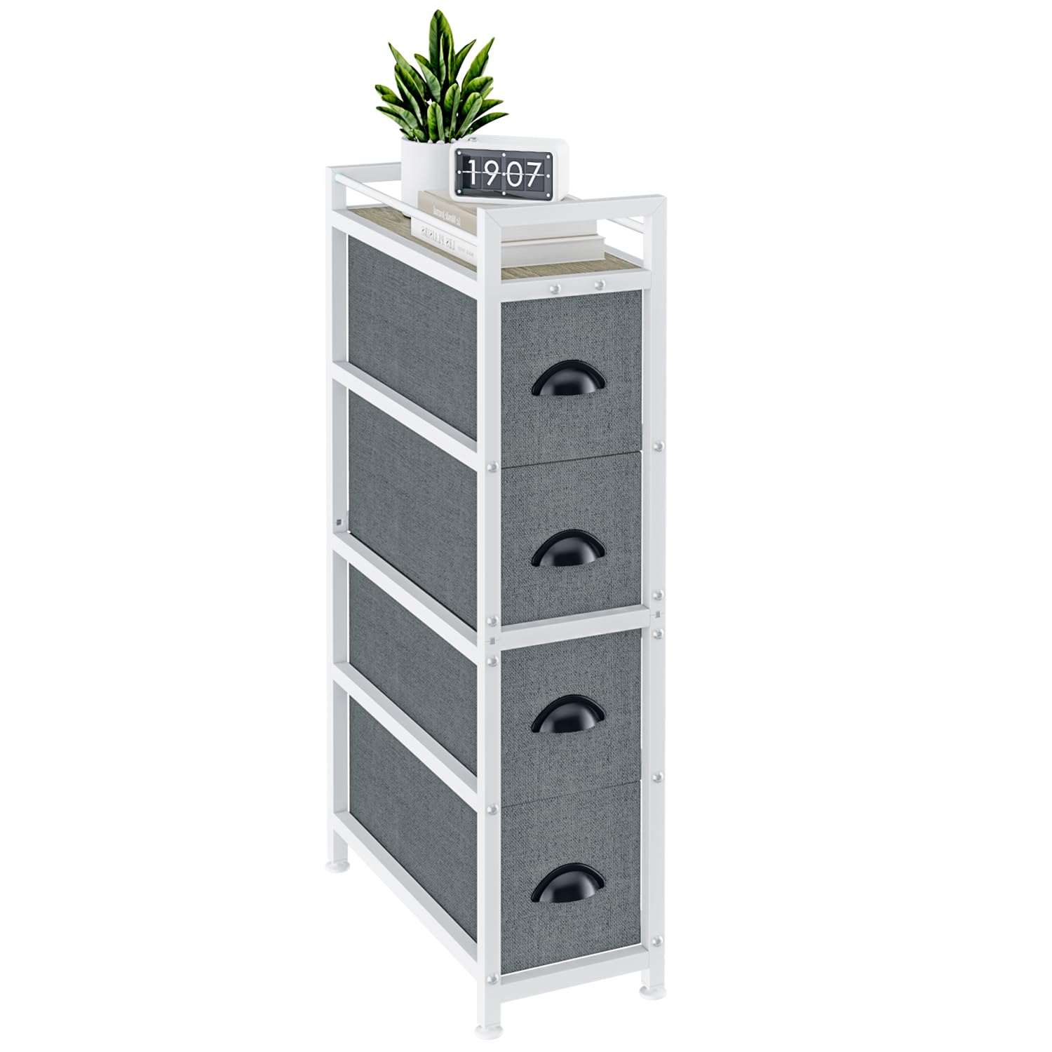Storage Drawer Units,Solerconm Bedroom Dresser with 4 Storage Drawers, Small Dresser Drawers, Fabric Dresser with Strong Steel Frame, Closet Dresser with Wooden Roof (43.5 x 20 x 77 cm, 4-Grey Drawer)
