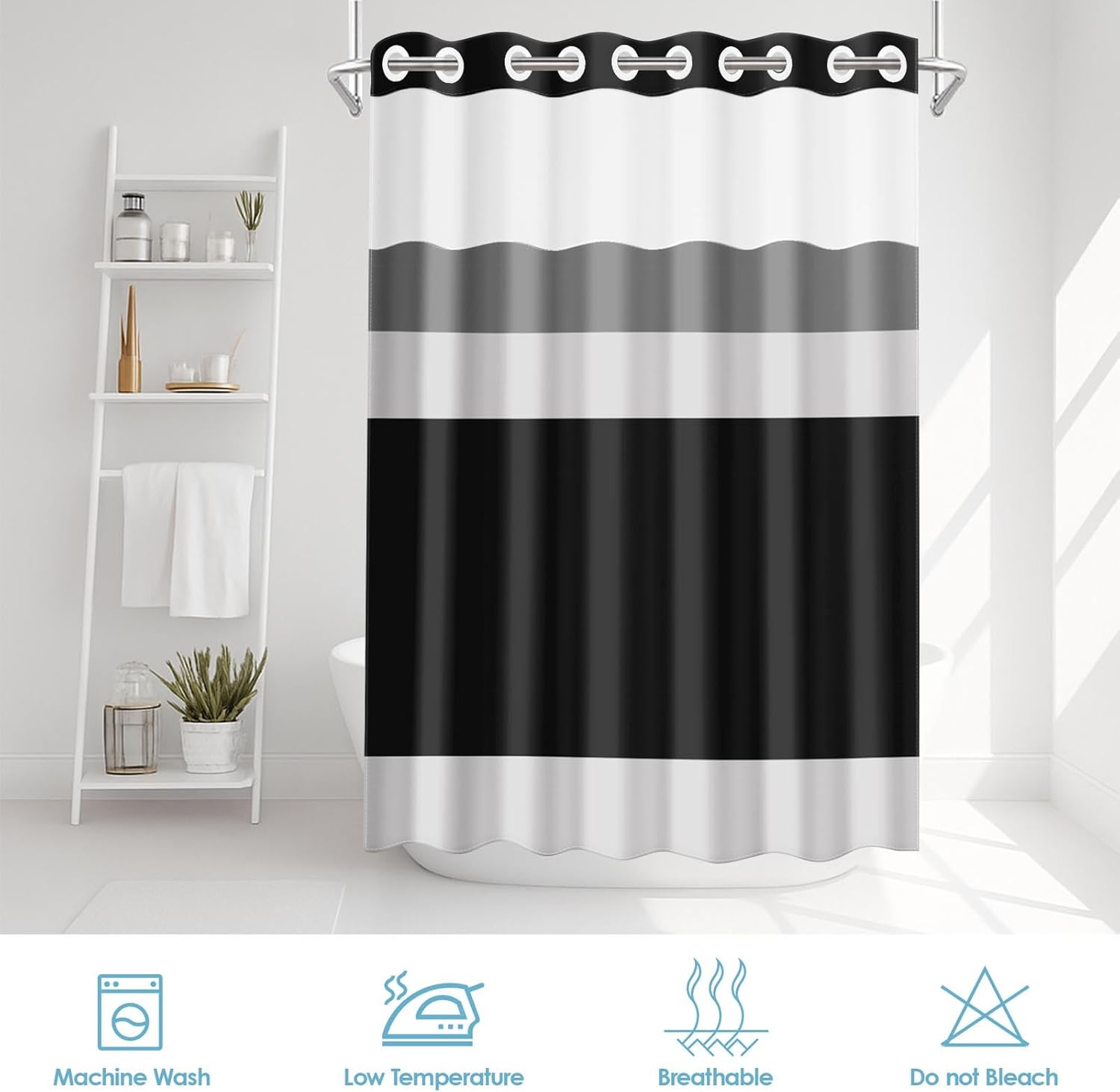 No Hook Black Stripes Shower Curtain with Snap in Fabric Liner Set, Modern Geometric Gray Double Layers Waterproof Fabric with See Through Top Window Bath Curtain 71x74 Inch