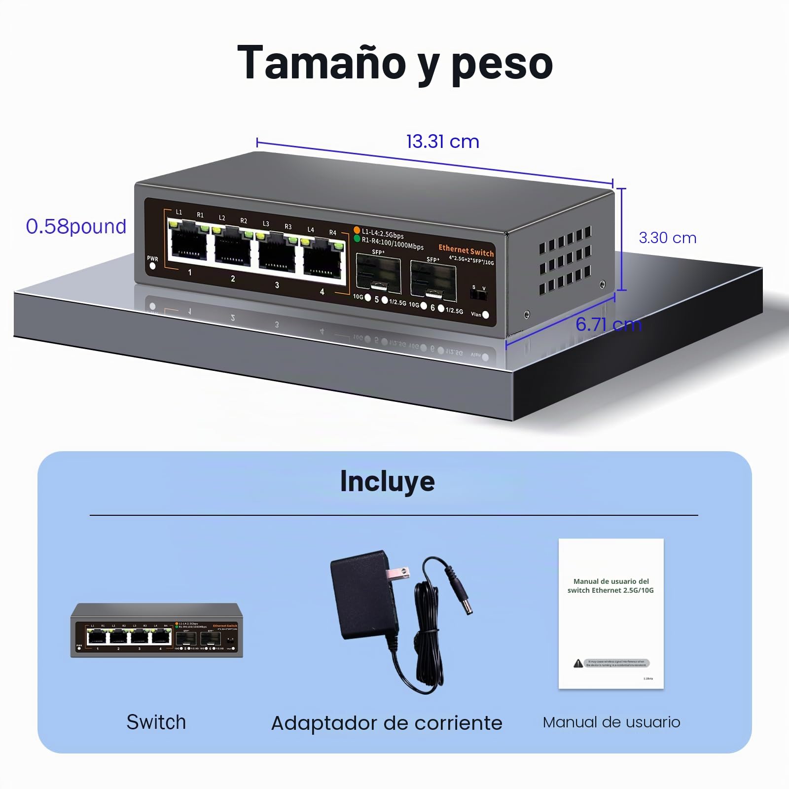 Conmutador Ethernet de 6 puertos 2.5G no gestionado, 4 puertos 2.5G Base-T, 2 x 10G SFP, para 100/1000/2500 Mbps, VLAN, sin ventilador, 2,5 G, conmutador de red de escritorio, montaje en pared, diseño