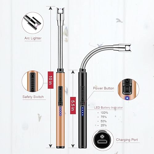 Encendedor de velas, paquete de 2 unidades, recargable por USB, arco de seguridad, resistente al viento, encendedor largo para velas, aromaterapia,