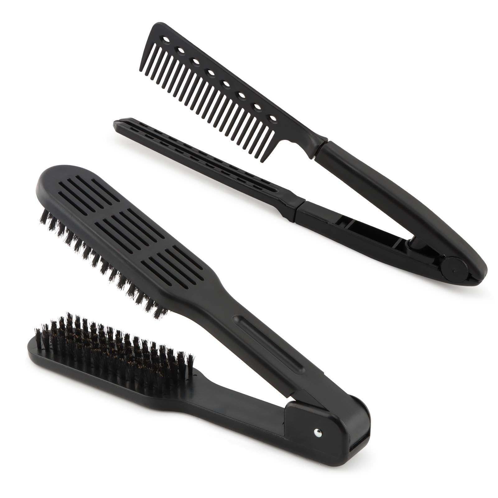 2pcs Boar Bristle Hair Comb For Straightening, Hair Brush Straightener Detangler, Double Sided Clamp Brush and Flat Iron Comb for Straightening Knotty, Unkempt Hai-r(COLOR:Black)