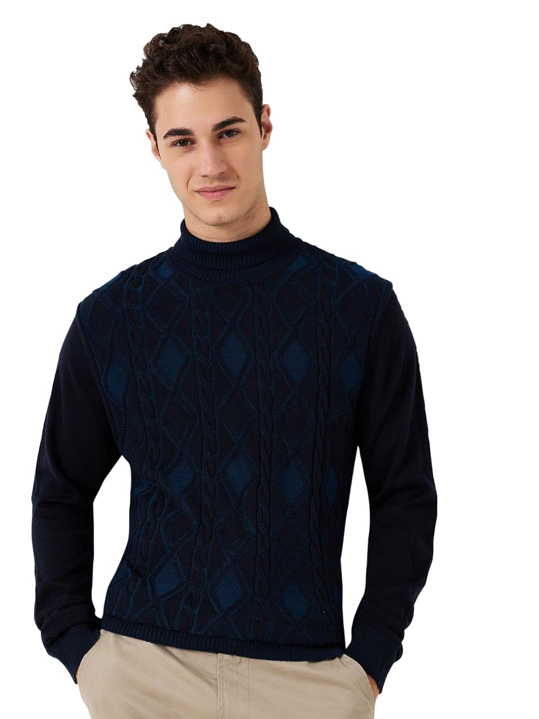 Men Full Sleeve Contemporary Fit Argyle Pattern Merino Wool Acrylic Blend Turtle Neck Turtle Neck Casual Sweater-image-3