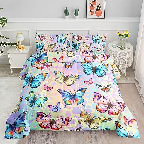 Datura home Juego de edredón infantil con estampado de mariposas con 1 edredón y 2 fundas de almohada para dormitorio de niñas y niños para todas las estaciones (mariposa 0 matrimonial)