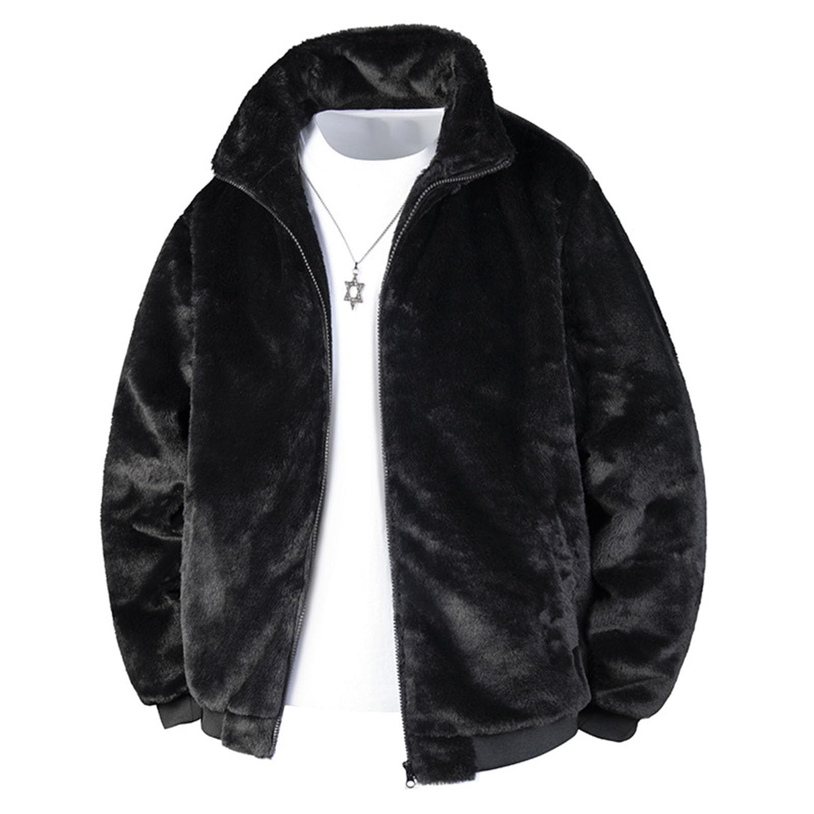 Kunstfell-Jacke für Herren, Winter, warm, Teddy-Fleece-Mäntel, durchgehender Reißverschluss, flauschig, flauschig, Plüsch-Strickjacke, langärmelig, lässig, Stehkragen, Thermo-Übermantel