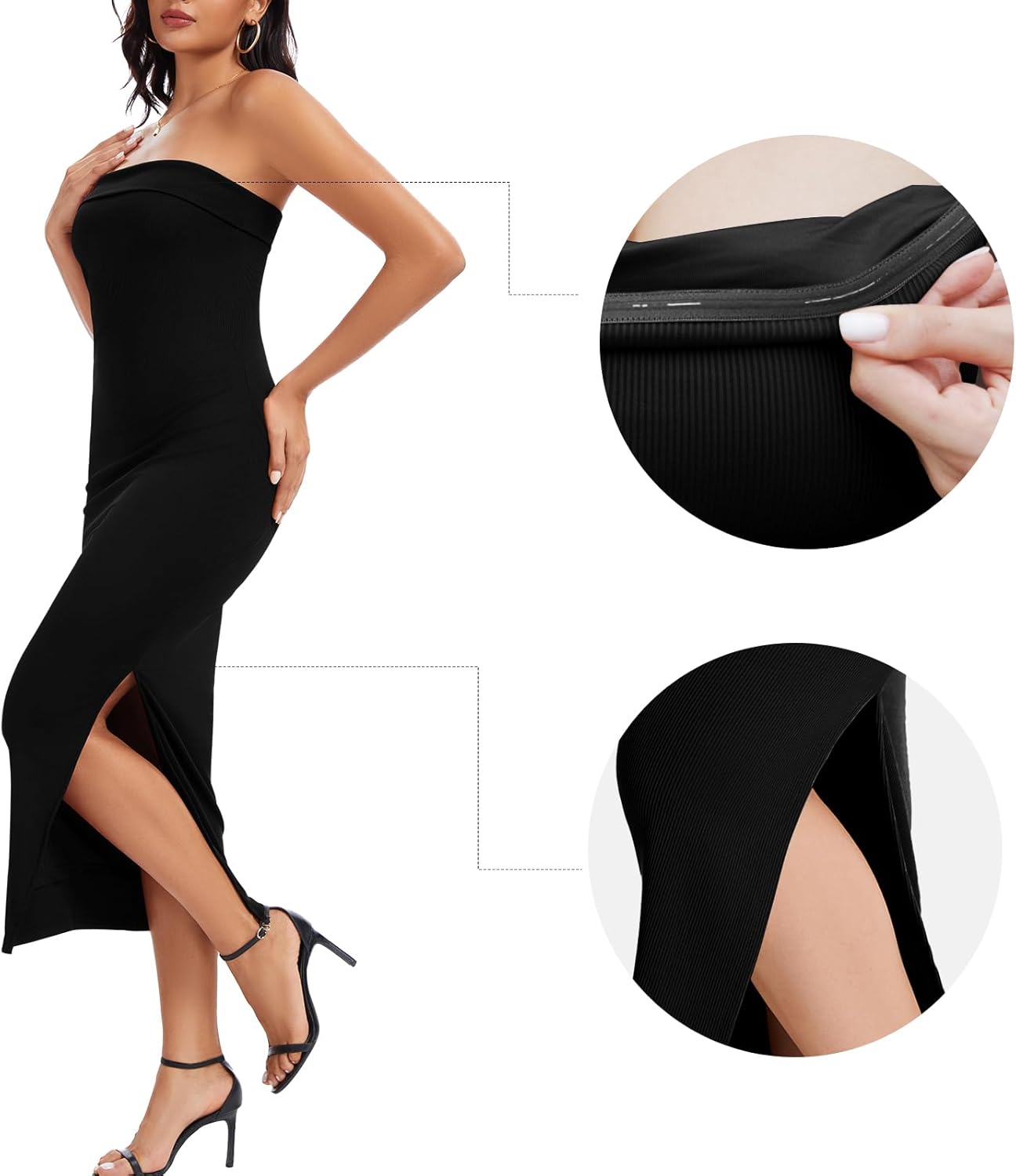 Women Ribbed Maxi Bodycon Tube Dress Summer Sexy Strapless Side Slit Long Formal Cocktail Party Wedding Guest Dress - Image 7
