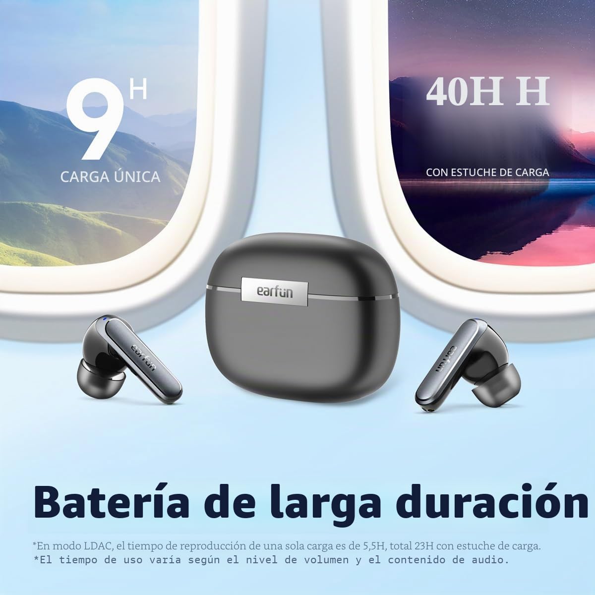EarFun Air 2 auriculares inalámbricos Bluetooth en la oreja, audio Hi-Res, LDAC, controlador de audio de lana de 10 mm, EQ, 4 llamadas de micrófono HD, Bluetooth 5.3, multipunto, batería de 40 horas,