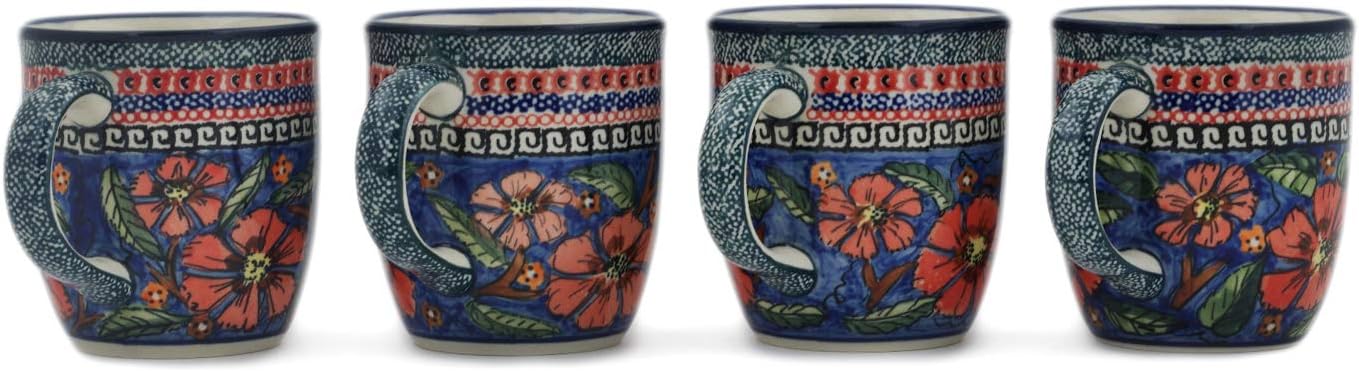 Polmedia Polish Pottery Set of Four 12oz Mugs 12 oz UNIKAT - Poppies Pattern Handmade in Boleslawiec Poland + Certificate of Authenticity