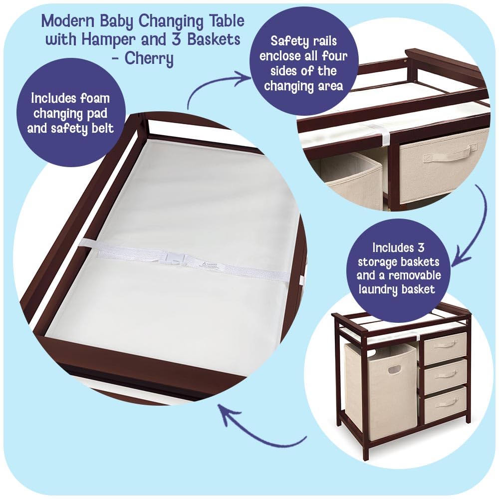 Badger Basket Modern Baby Changing Table with Laundry Hamper, 3 Storage Drawers and Pad, Diaper Change Station - Cherry/Ecru