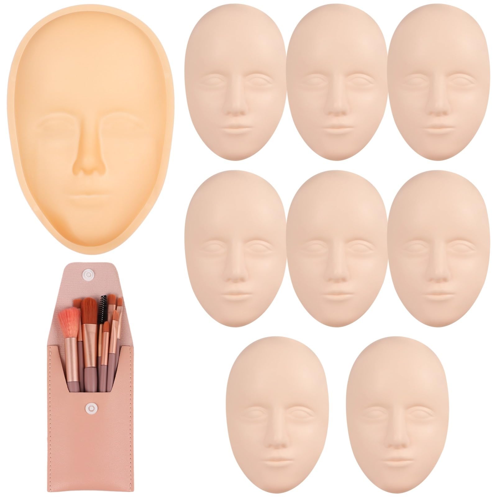 Makeup-Übungsgesicht-Set, 8 Silikon-Übungsgesichter mit 1 Übungsgesichtsplatte und 8 Make-up-Pinseln, für Anfänger, Gesichtsbemalung, Permanent Make-up und kreative Gestaltung