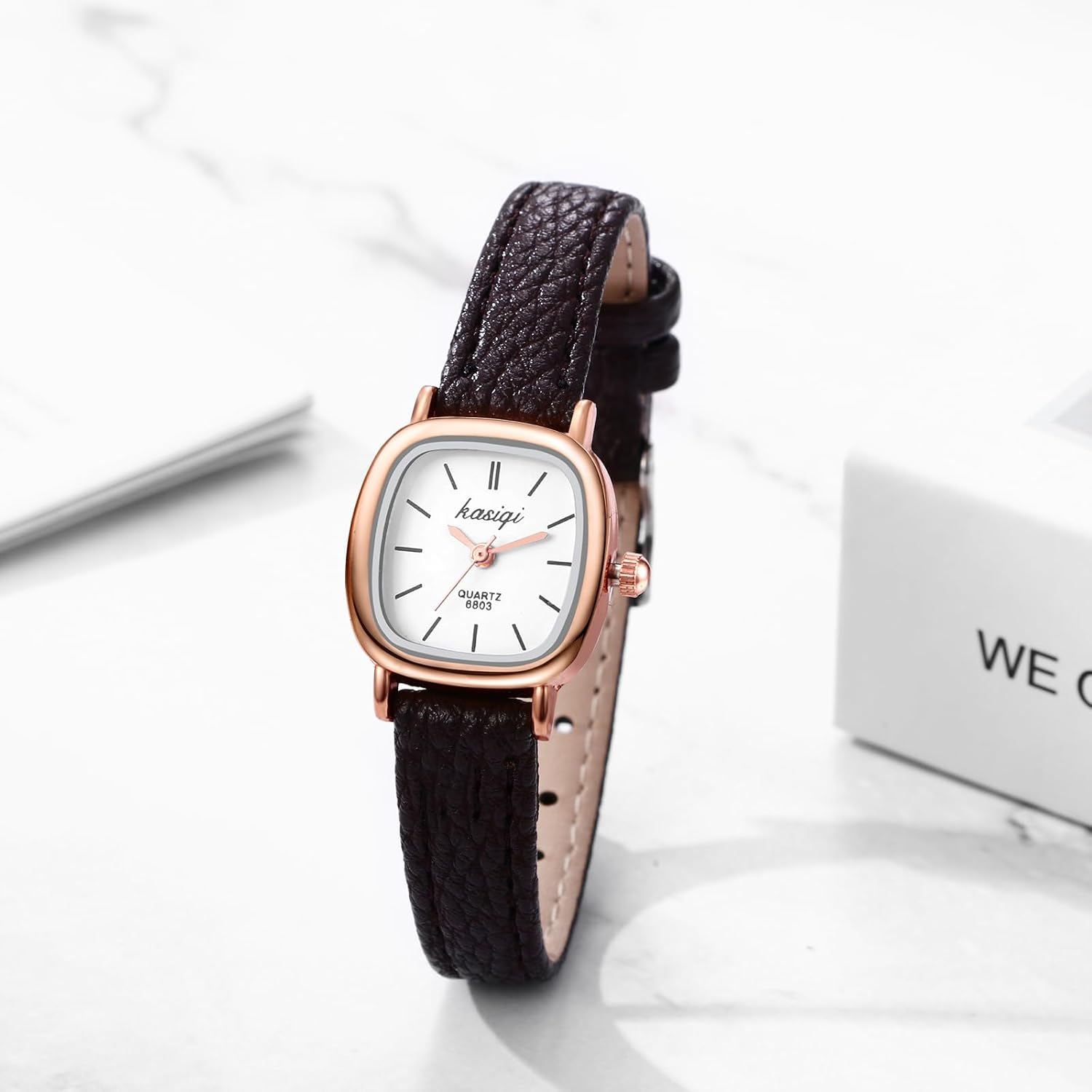 JewelryWe Women Leather Watches Small Square Analog Quartz Watch Simple Elegant Casual Dress Watch for Valentine's Day - Image 3