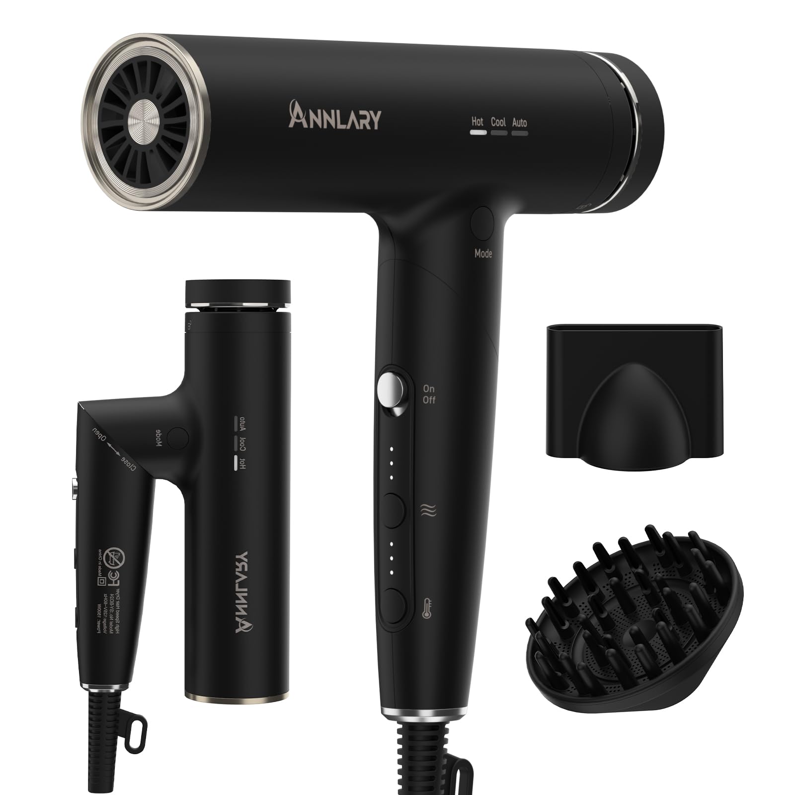 ANNLARY Plasma Ion Hair Dryer with Diffuser for Curly Hair, 110000 RPM Professional High Speed Blow Dryer with Plasma Ion, 1500W Foldable Travel