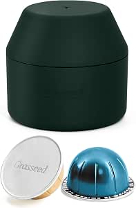Grasseed Vertuo - Kit di capsule riutilizzabili per capsule VertuoLine con 50 guarnizioni in foglio di alluminio, coperchio, supporto e pennello, adatto per capsule di ricarica Vertuoline, nero