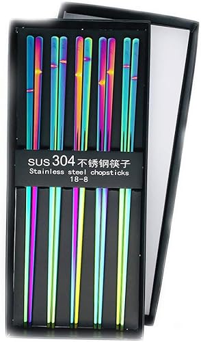 Koolemon Juego de 5 pares de palillos de acero inoxidable 304 de arcoíris multicolor pulido, palillos de metal reutilizables, aptos para