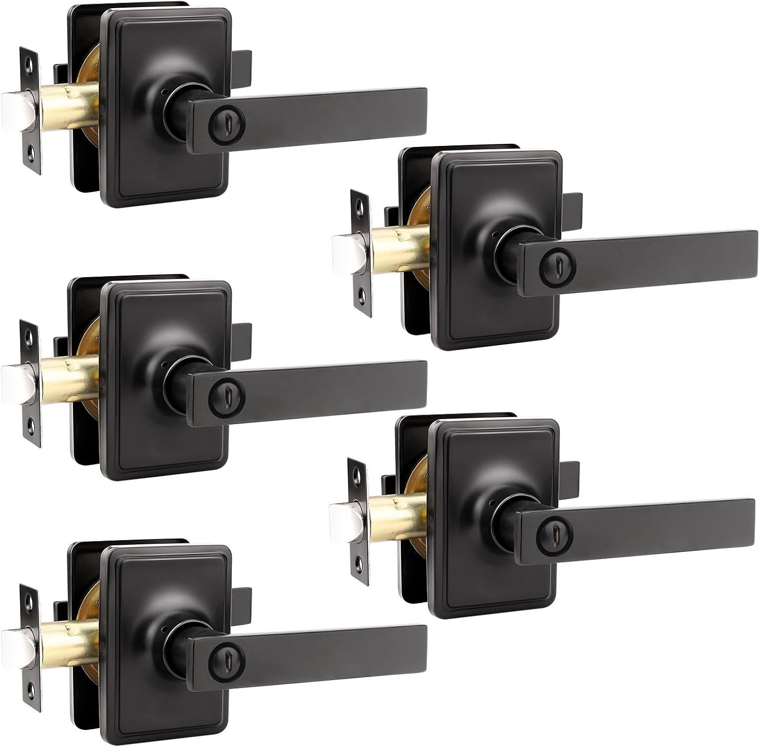 GOBEKOR Black Privacy Lever Door Handles Interior with Lock Square Bedroom Door Levers with Greenwich Trim Matte Black Bathroom Door Handle Interior Keyless Door Locks 5 Pack