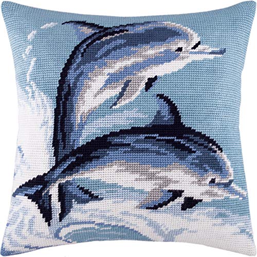 Brvsk Marine Needlepoint Kit for Adults and Beginners — Dolphins 16″ × 16″ with Clear, Precise Printed Design on Cotton Canvas; Includes 2 Needles, Yarn, and Easy-Read Chart